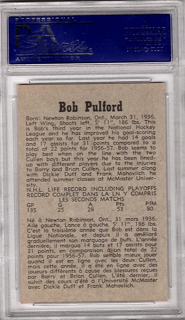 PSA 8 1961 Bob Pulford Back